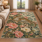 Chinoiserie Leopard and Peony Rug in a bright living room with a sofa