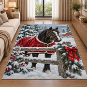 Horse in Winter Snow Rug in a bright living room with a sofa