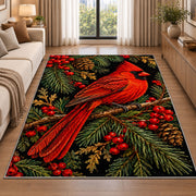 Cardinal on Black Rug in a bright living room with a sofa