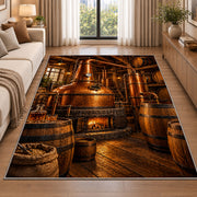 Copper Still Distillery Rug in a bright living room with a sofa