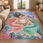 Three Mermaids and Shell Rug in a bright living room with a sofa