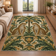 Twin Leopards and Palm Rug in a bright living room with a sofa