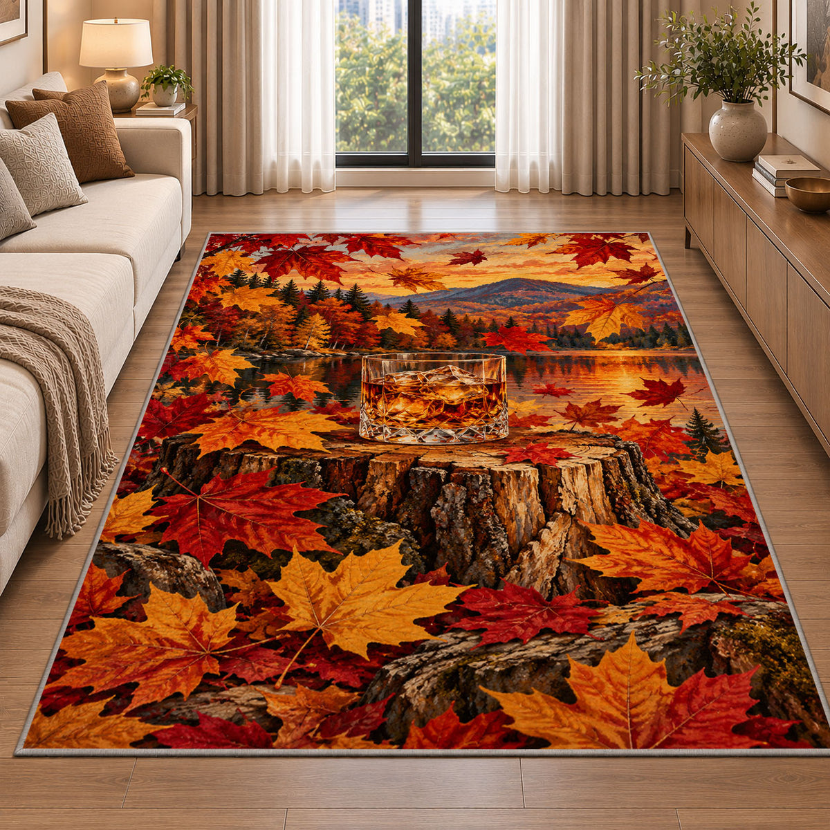 Whiskey and Maple Leaves Rug in a bright living room with a sofa