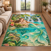 Tropical Lagoon Mermaid Rug in a bright living room with a sofa