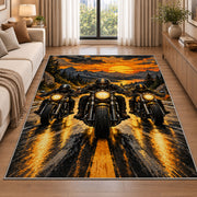 Three Riders Headlights Rug in a bright living room with a sofa