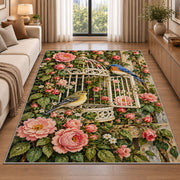 Vintage Birdcage and Roses Rug in a bright living room with a sofa