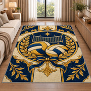 Classic Volleyball Crest Rug in a bright living room with a sofa