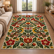 Folk Art Birds Rug in a bright living room with a sofa