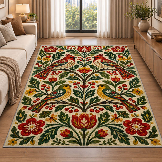 Folk Art Birds Rug in a bright living room with a sofa