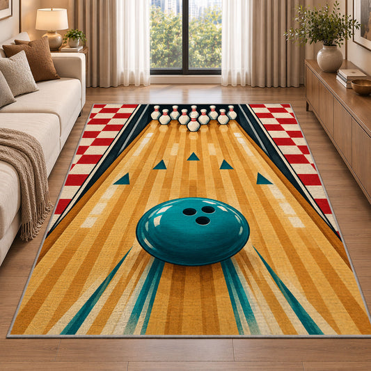 Bowling Lane and Checkers Rug in a bright living room with a sofa