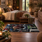 gridiron tunnel football design area rug displayed in a bedroom