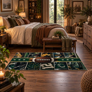 green gridiron jersey design area rug displayed in a bedroom