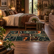 vintage football grid collage area rug displayed in a bedroom