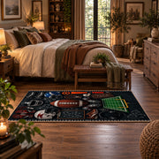football equipment playbook collage area rug displayed in a bedroom