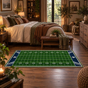 minimal green football field area rug displayed in a bedroom