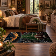 stadium football field scene area rug displayed in a bedroom