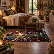 football rivalry helmet lineup area rug displayed in a bedroom