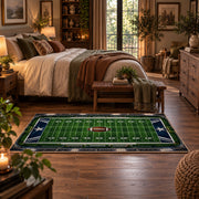 classic football field design area rug displayed in a bedroom