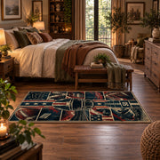 vintage football field collage area rug displayed in a bedroom