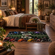 football helmet sideline design area rug displayed in a bedroom