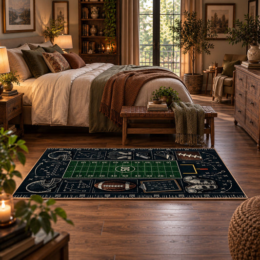 football playbook chalkboard design area rug displayed in a bedroom