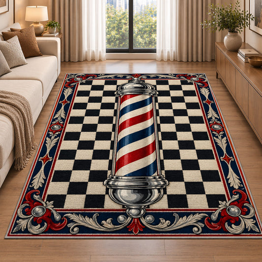 classic barber pole checkered rug in a bright living room with a sofa