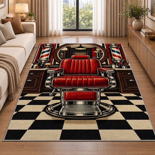 red barber chair rug in a bright living room with a sofa
