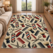 barber tools pattern rug in a bright living room with a sofa