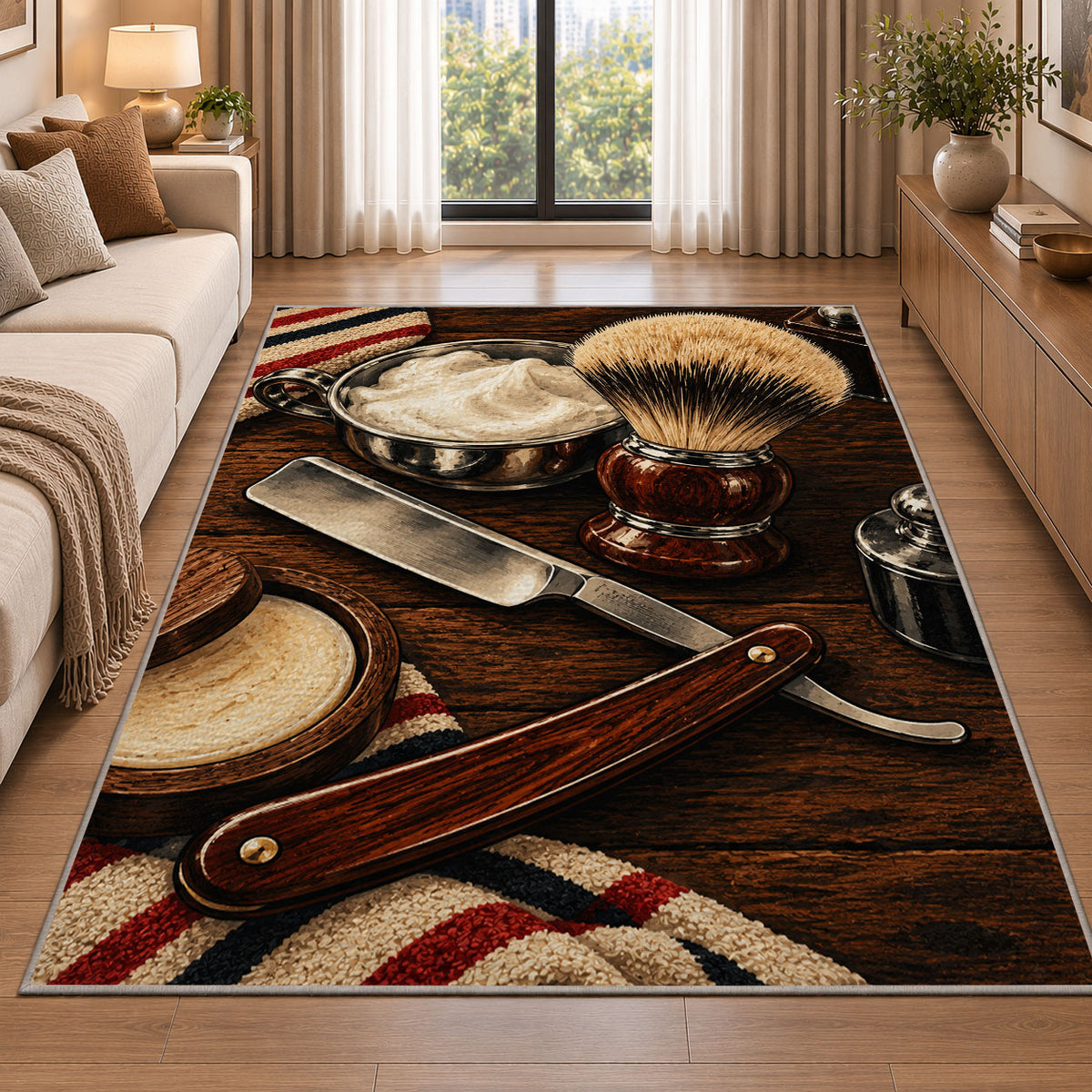 straight razor and shaving brush rug in a bright living room with a sofa