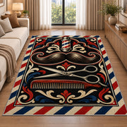mustache and scissors barber rug in a bright living room with a sofa