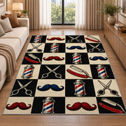 checkered barbershop icons rug in a bright living room with a sofa