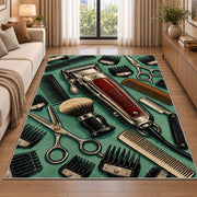 vintage hair clipper rug in a bright living room with a sofa