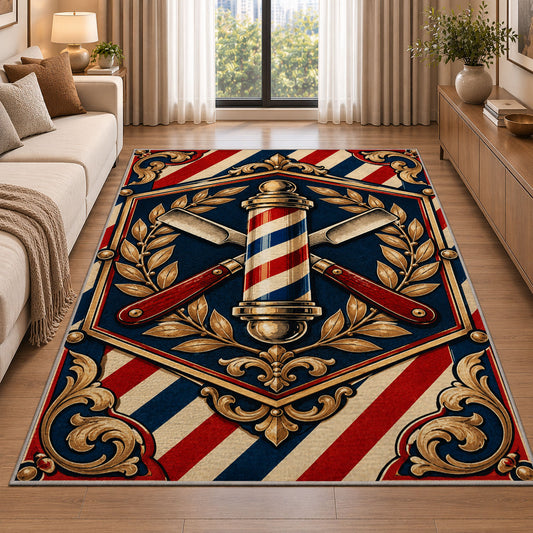 vintage barber crest rug in a bright living room with a sofa