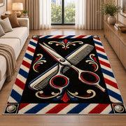 crossed scissors and comb rug in a bright living room with a sofa