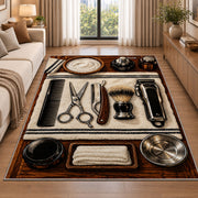 barber tools flat lay rug in a bright living room with a sofa