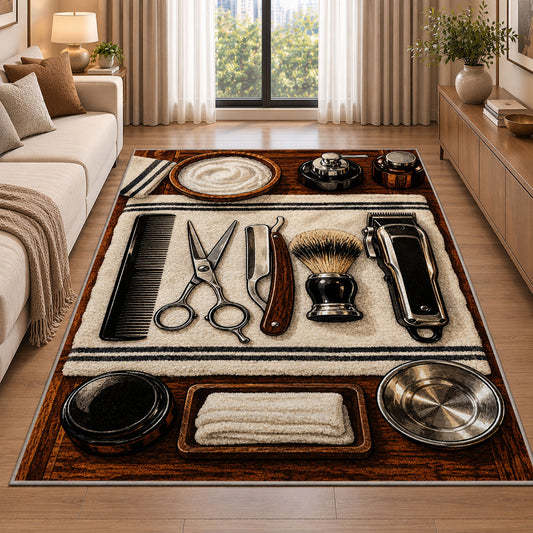 barber tools flat lay rug in a bright living room with a sofa