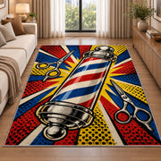 pop art barber pole rug in a bright living room with a sofa