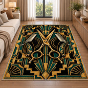 art deco barber rug in a bright living room with a sofa