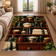 vintage shaving shelf rug in a bright living room with a sofa