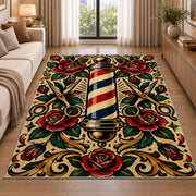 tattoo style barber pole rug in a bright living room with a sofa