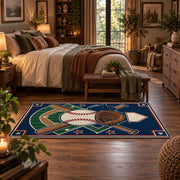 patriotic baseball gear area rug displayed in a bedroom