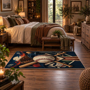 crossed baseball bats and diamond field area rug displayed in a bedroom