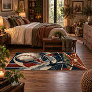 geometric baseball strike design area rug displayed in a bedroom
