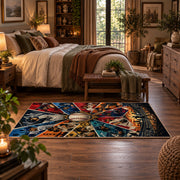 baseball action collage area rug displayed in a bedroom