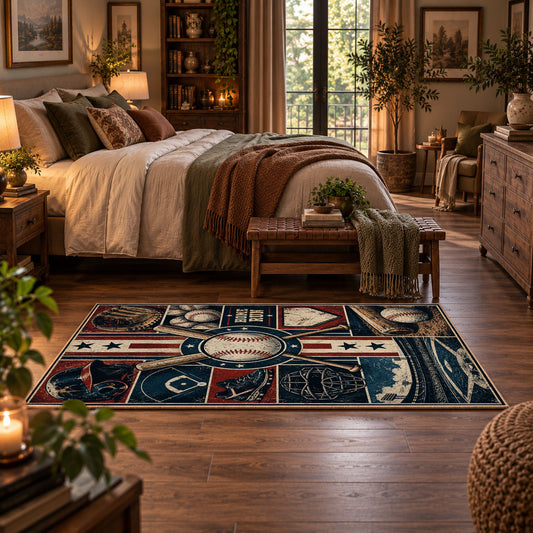 baseball blueprint equipment grid area rug displayed in a bedroom