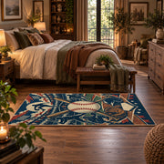 baseball glove and ball collage area rug displayed in a bedroom