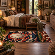 sunset baseball diamond scene area rug displayed in a bedroom