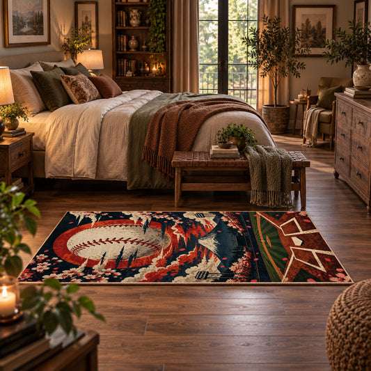 sunset baseball diamond scene area rug displayed in a bedroom
