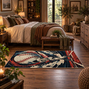 baseball pitcher action design area rug displayed in a bedroom