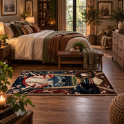 ballpark baseball gear scene area rug displayed in a bedroom
